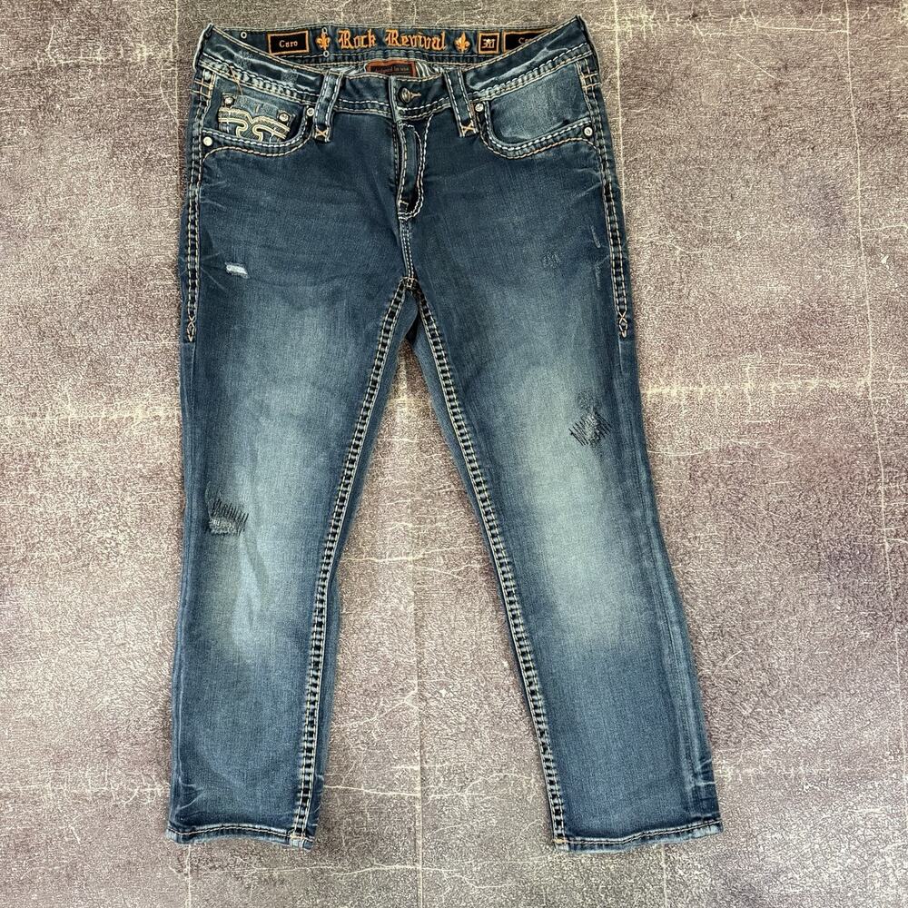 Women's Vintage Y2K Rock Revival Caro Crop Denim Rhinestone Jeans Sz 30 X 24